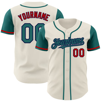Custom Cream Teal Navy-Red Authentic Two Tone Baseball Jersey