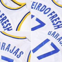 Load image into Gallery viewer, Custom White Purple-Gold Authentic Throwback Basketball Jersey
