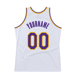 Custom White Purple-Gold Authentic Throwback Basketball Jersey