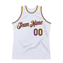 Load image into Gallery viewer, Custom White Purple-Gold Authentic Throwback Basketball Jersey
