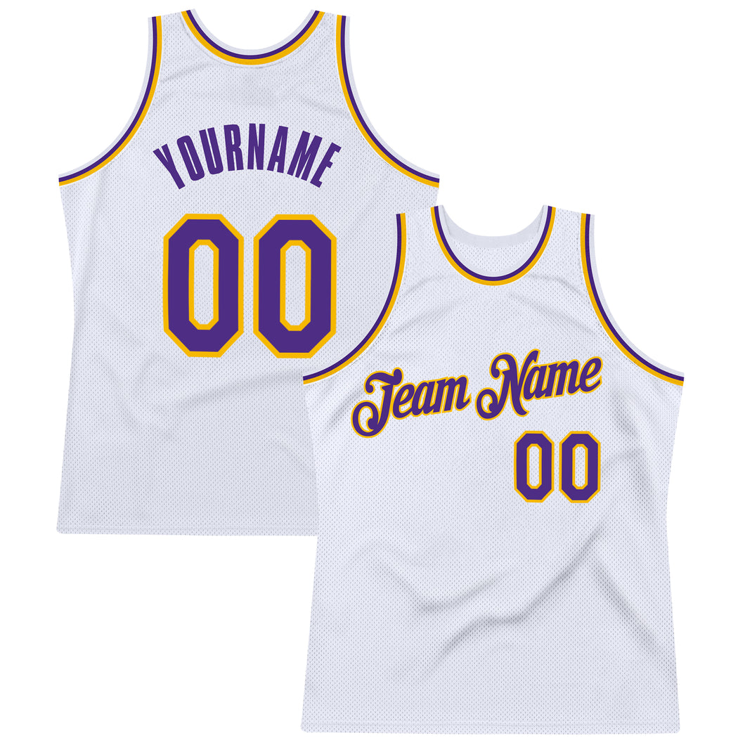 Custom White Purple-Gold Authentic Throwback Basketball Jersey