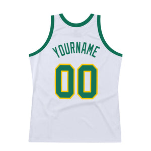 Custom White Kelly Green-Gold Authentic Throwback Basketball Jersey