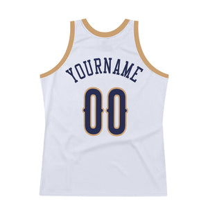 Custom White Navy-Old Gold Authentic Throwback Basketball Jersey