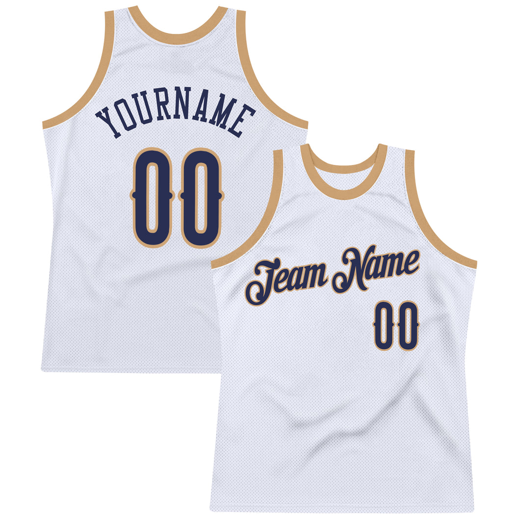 Custom White Navy-Old Gold Authentic Throwback Basketball Jersey