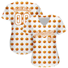 Загрузить изображение в средство просмотра галереи, Custom White White-Texas Orange 3D Pattern Design Halloween Pumpkins Funny Faces Authentic Baseball Jersey
