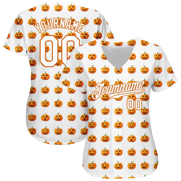 Custom White White-Texas Orange 3D Pattern Design Halloween Pumpkins Funny Faces Authentic Baseball Jersey