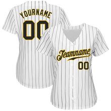 Load image into Gallery viewer, Custom White Black Pinstripe Black-Gold Authentic Baseball Jersey
