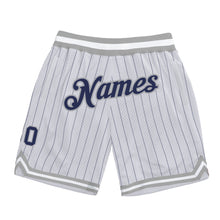 Load image into Gallery viewer, Custom White Navy Pinstripe Navy-Gray Authentic Basketball Shorts
