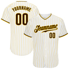 Load image into Gallery viewer, Custom White Gold Pinstripe Brown-Gold Authentic Baseball Jersey
