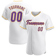 Laden Sie das Bild in den Galerie-Viewer, Custom White Purple-Gold Authentic Baseball Jersey
