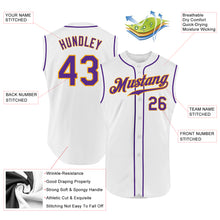 Load image into Gallery viewer, Custom White Purple-Gold Authentic Sleeveless Baseball Jersey
