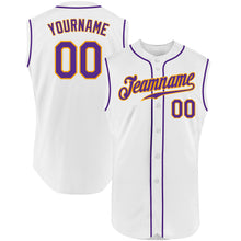 Load image into Gallery viewer, Custom White Purple-Gold Authentic Sleeveless Baseball Jersey
