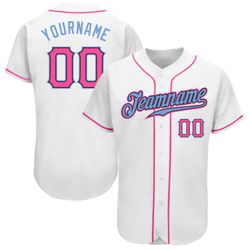 Custom White Pink-Light Blue Authentic Baseball Jersey