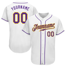 Laden Sie das Bild in den Galerie-Viewer, Custom White Purple-Gold Authentic Baseball Jersey
