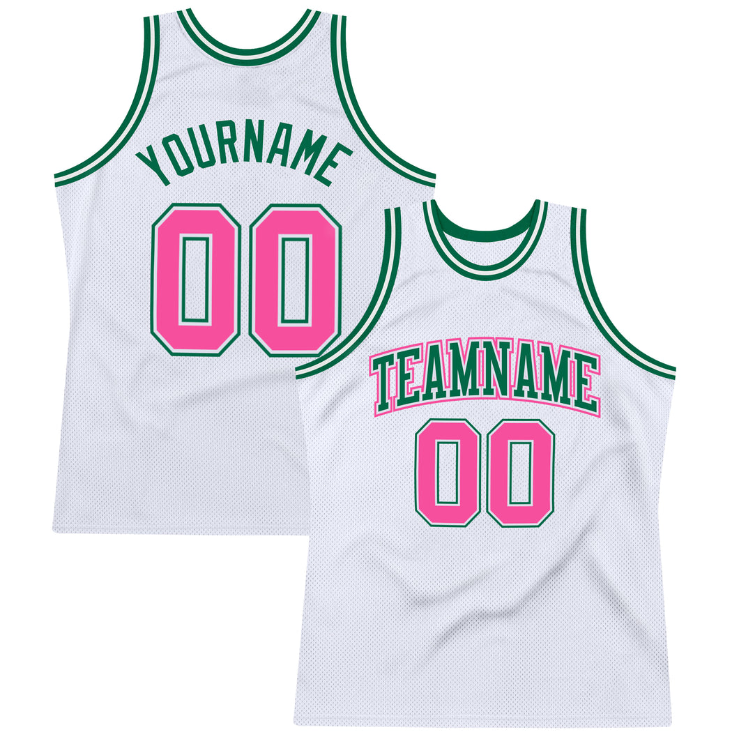 Custom White Pink-Kelly Green Authentic Throwback Basketball Jersey