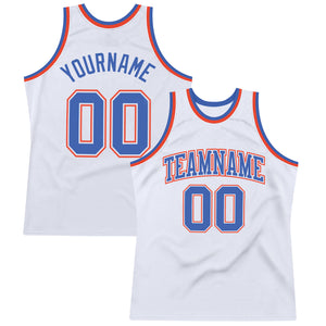 Custom White Blue-Orange Authentic Throwback Basketball Jersey