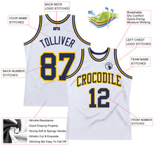 Load image into Gallery viewer, Custom White Navy-Gold Authentic Throwback Basketball Jersey
