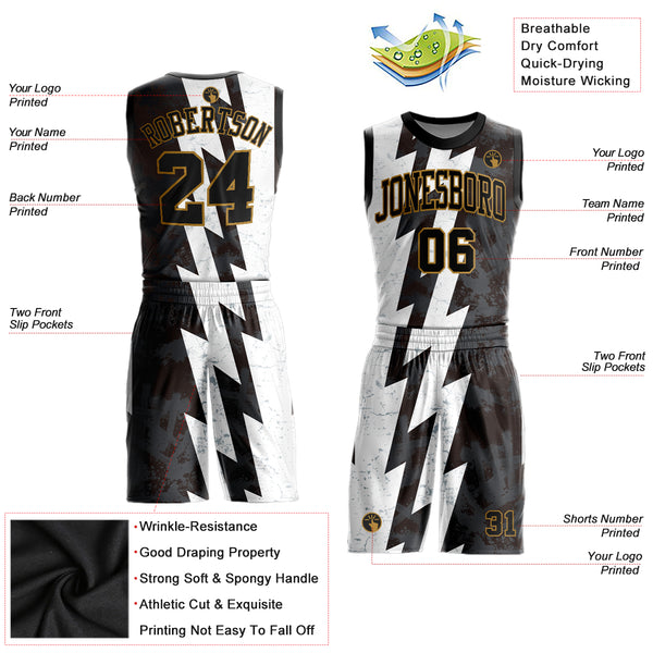 Custom Gray Black-Old Gold Round Neck Sublimation Basketball Suit