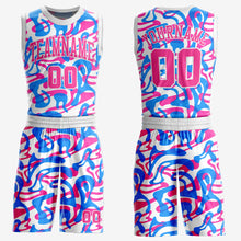 Load image into Gallery viewer, Custom White Pink-Light Blue Music Festival Round Neck Sublimation Basketball Suit Jersey

