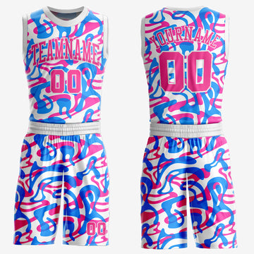 Custom White Pink-Light Blue Music Festival Round Neck Sublimation Basketball Suit Jersey