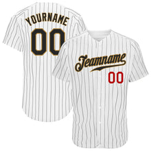 Load image into Gallery viewer, Custom White Black Pinstripe Black Old Gold-Red Authentic Baseball Jersey
