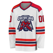 Load image into Gallery viewer, Custom White Red-Navy Hockey Jersey
