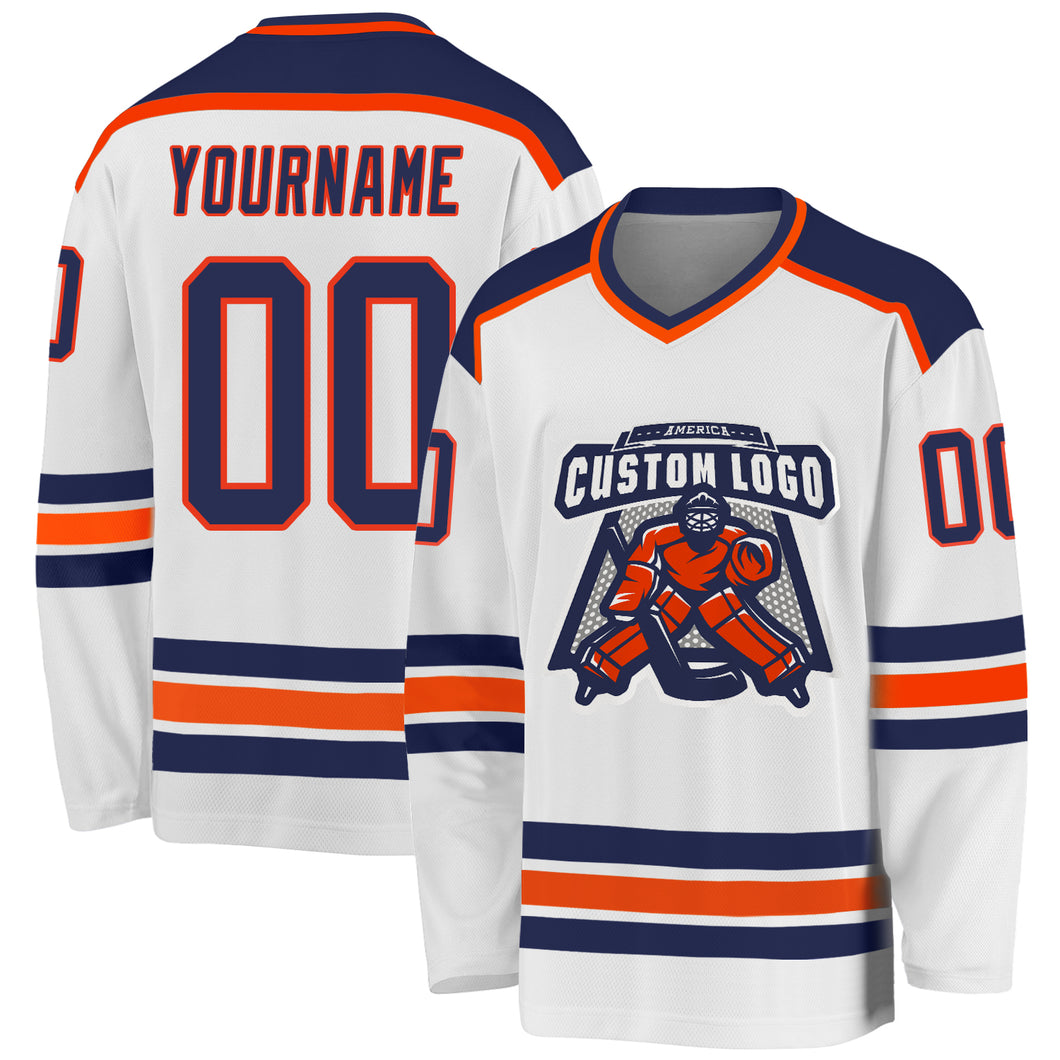 Custom White Navy-Orange Hockey Jersey