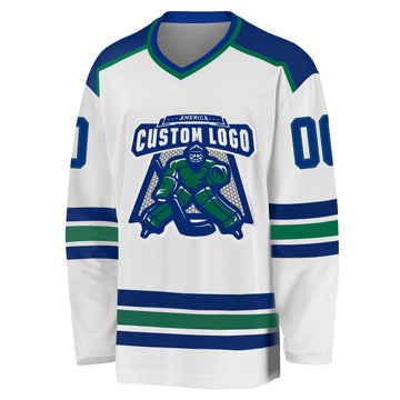 Custom White Royal-Kelly Green Hockey Jersey