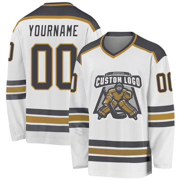 Custom White Steel Gray-Old Gold Hockey Jersey