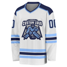Load image into Gallery viewer, Custom White Navy-Light Blue Hockey Jersey
