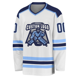 Custom White Navy-Light Blue Hockey Jersey