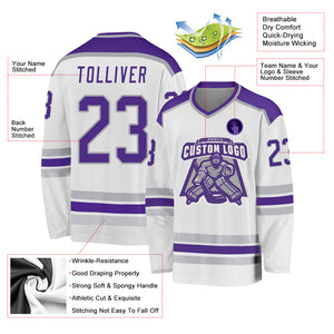 Custom White Purple-Gray Hockey Jersey