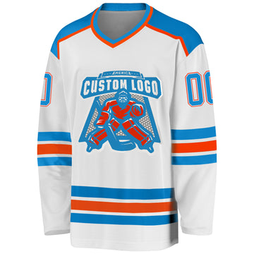 Custom White Blue-Orange Hockey Jersey