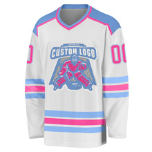 Laden Sie das Bild in den Galerie-Viewer, Custom White Pink-Light Blue Hockey Jersey
