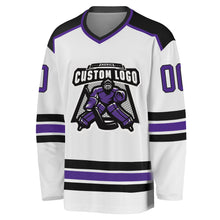 Load image into Gallery viewer, Custom White Purple-Black Hockey Jersey
