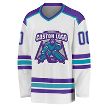 Load image into Gallery viewer, Custom White Purple-Teal Hockey Jersey
