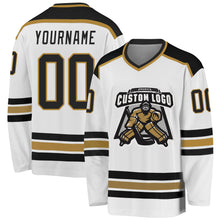 Load image into Gallery viewer, Custom White Black-Old Gold Hockey Jersey
