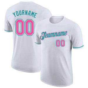 Custom White Pink-Teal Performance T-Shirt