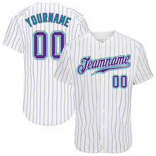 Load image into Gallery viewer, Custom White Purple Pinstripe Purple-Teal Authentic Baseball Jersey
