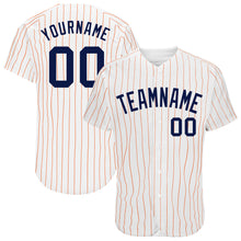 Load image into Gallery viewer, Custom White Orange Pinstripe Navy Authentic Baseball Jersey
