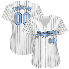 Load image into Gallery viewer, Custom White Black Pinstripe Light Blue-Black Authentic Baseball Jersey
