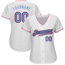 Laden Sie das Bild in den Galerie-Viewer, Custom White Light Blue Black-Pink Authentic Baseball Jersey
