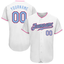 Laden Sie das Bild in den Galerie-Viewer, Custom White Light Blue Black-Pink Authentic Baseball Jersey
