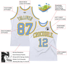 Load image into Gallery viewer, Custom White Light Blue-Gold Authentic Throwback Basketball Jersey
