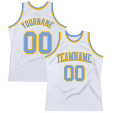 Загрузить изображение в средство просмотра галереи, Custom White Light Blue-Gold Authentic Throwback Basketball Jersey
