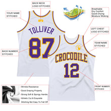Laden Sie das Bild in den Galerie-Viewer, Custom White Purple-Gold Authentic Throwback Basketball Jersey
