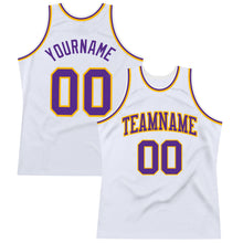 Laden Sie das Bild in den Galerie-Viewer, Custom White Purple-Gold Authentic Throwback Basketball Jersey
