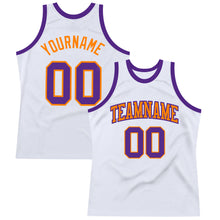 Load image into Gallery viewer, Custom White Purple-Bay Orange Authentic Throwback Basketball Jersey
