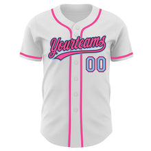 Laden Sie das Bild in den Galerie-Viewer, Custom White Light Blue Black-Pink Authentic Baseball Jersey
