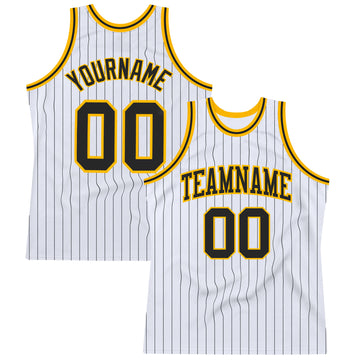 Custom White Black Pinstripe Black-Gold Authentic Basketball Jersey